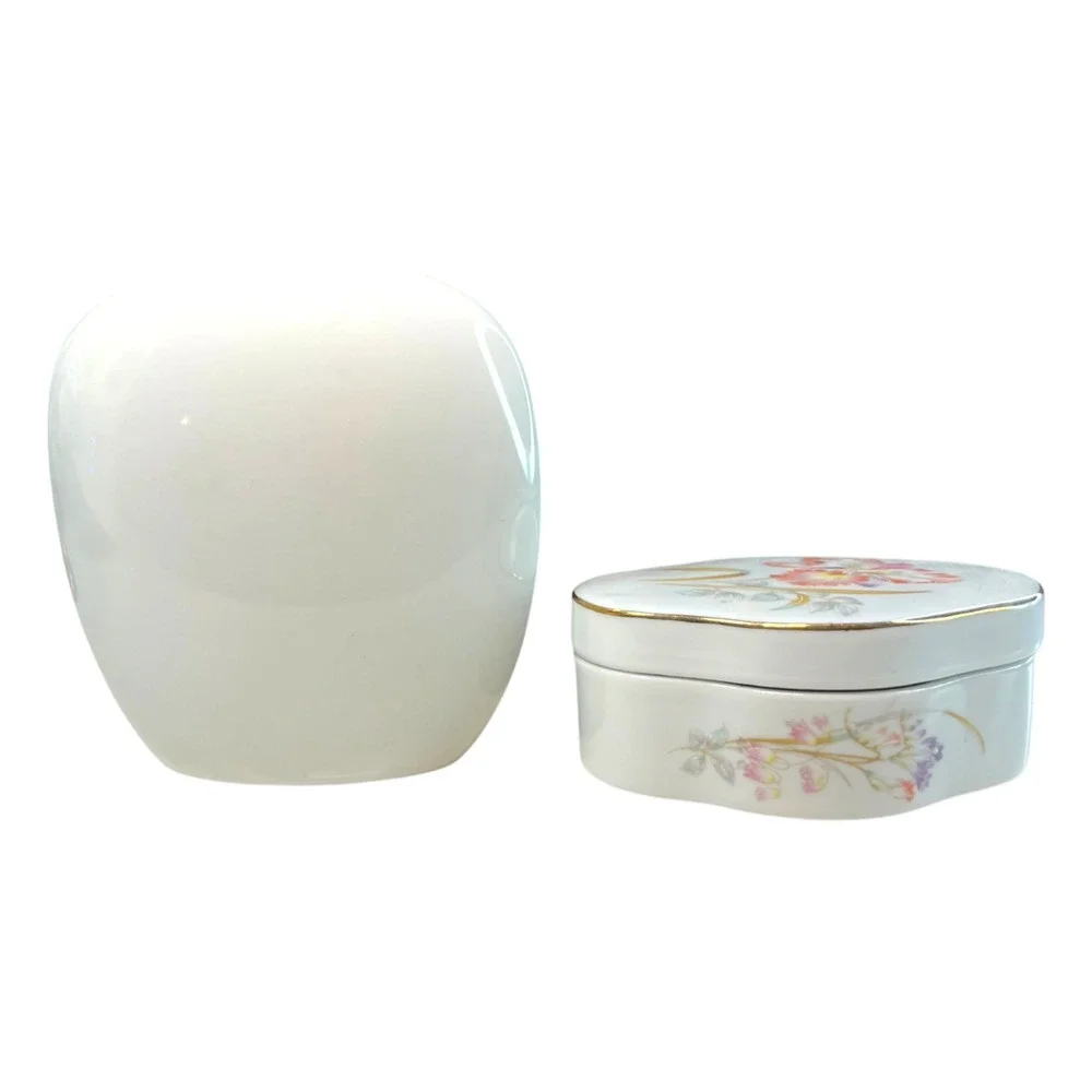 Vintage Otagiri Japan Porcelain Vanity Set Vase Trinket Box Dish Hand Painted